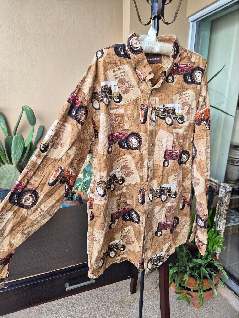 Bit & Bridle Tractor Print Long Sleeve Button-Up Shirt 2XL